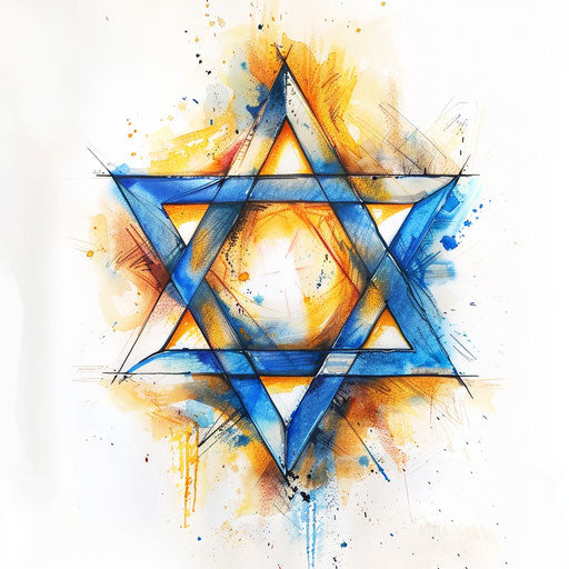 Watercolor tattoo sketch of a David symbol with soft colors and a translucent effect