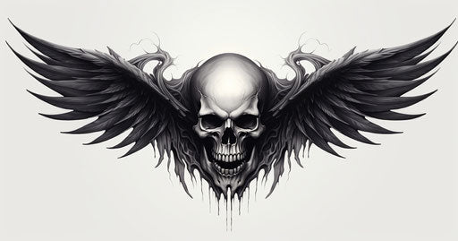 Black skull with wings tattoo, gravure style, ambient occlusion