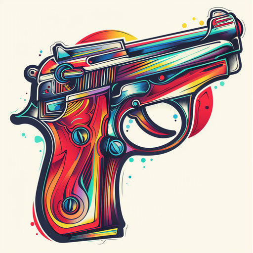 Pop art tattoo design of a cartoonish gun with bold outlines