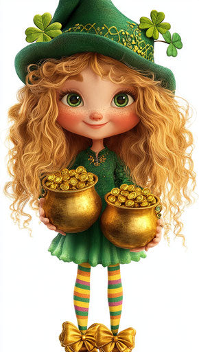 Cute girl in green with pots of gold and emerald hat