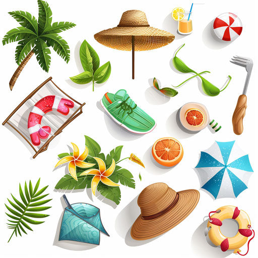 Summer clipart images in photo realistic style with a flat white background
