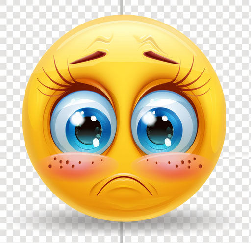Sad emoji clipart, yellow with large blue eyes and eyelashes, transparent background