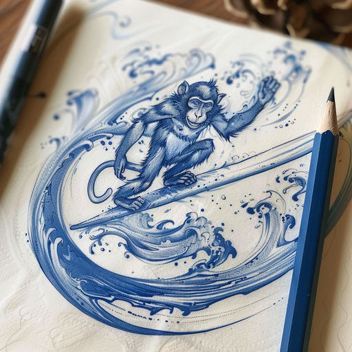Sketch of a monkey surfing a wave, summer and sport themed tattoo with blue and white tones on white paper.