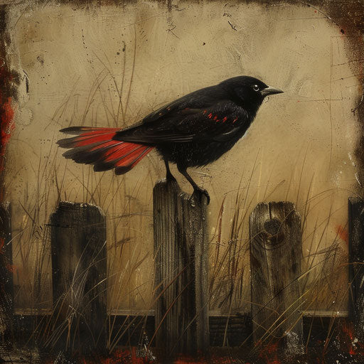Black bird with red wings on a rustic fence
