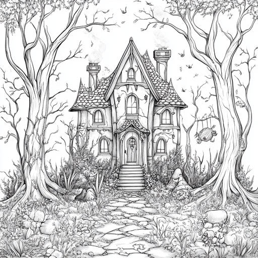 Haunted house in a magical forest with woodland creatures and eerie ambiance