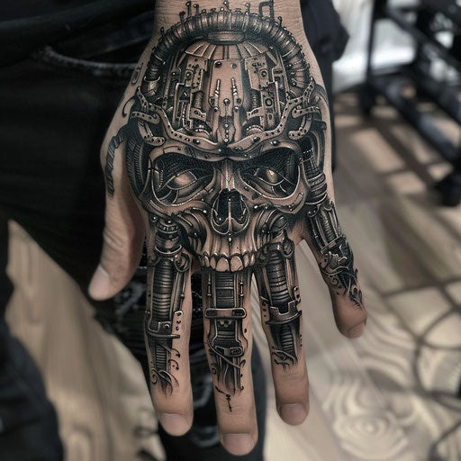Skull hand tattoo in the style of J.P. Targete with futuristic and surreal designs