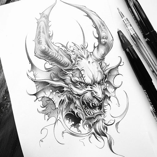 Gothic devil tattoo drawing detailed linework in black ink