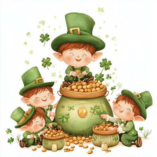 St. Patrick's Day, cute baby leprechauns around pots of gold and shamrocks