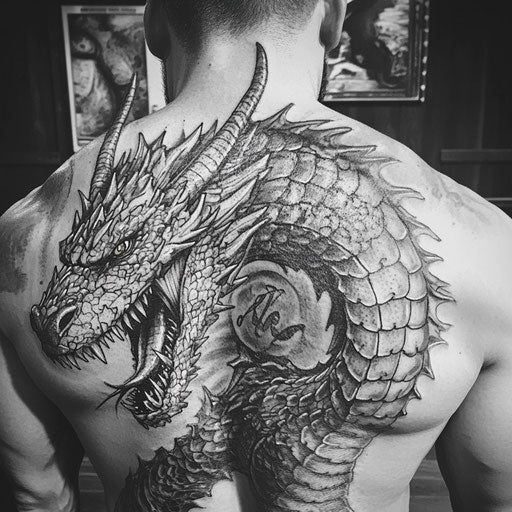 Family tattoos for men, fierce dragon with family initials in scales