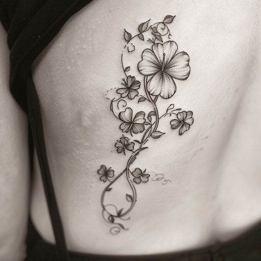 Stylish flat tattoo sketch of a 4 leaf clover intertwined with delicate ivy, in monochrome ink