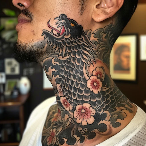 Throat tattoos with Japanese influences, Ami James style