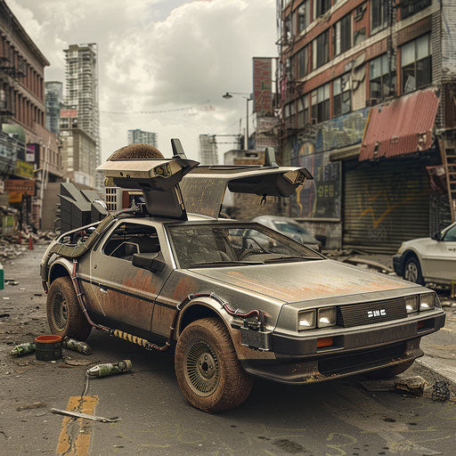 Rustic survival DeLorean DMC-12 on abandoned city street