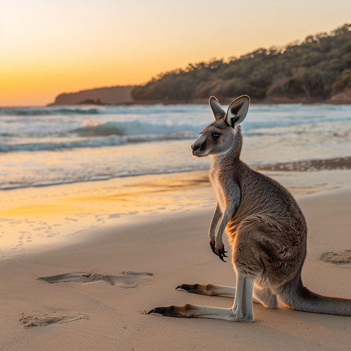 Sunset with grey kangaroo on sandy beach