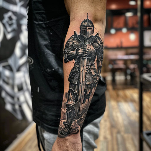Forearm tattoo with a detailed knight