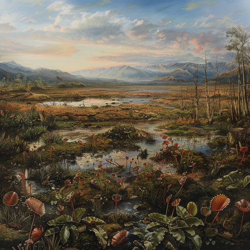 Wetland panorama with Venus flytraps, distant mountains