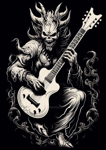 Black and white demon with guitar icon, in the style of devilcore, engraving 27:38
