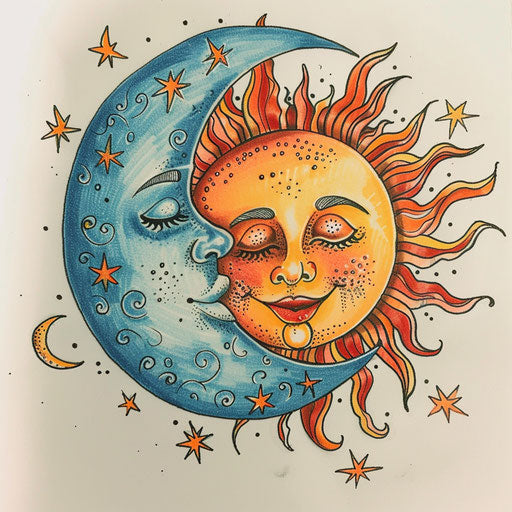 Whimsical tattoo sketch of a smiling sun and winking moon, playful colors