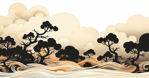 Trees with swirling clouds, traditional Japanese artistic style