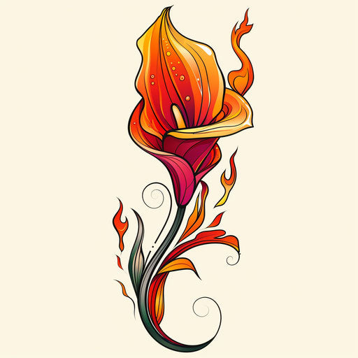 Tattoo sketch of a calla lily in flat style with fiery flame motif in red and orange