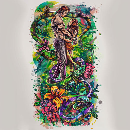 Colorful tattoo design of the Garden of Eden with Adam and Eve