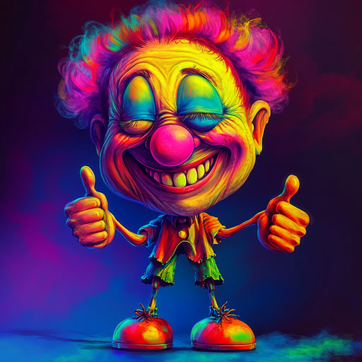 Humorous caricature of a laughing character with thick eyelashes and giant feet