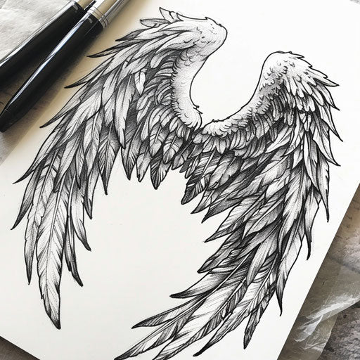 Detailed sketch of angel wings in black ink on white background