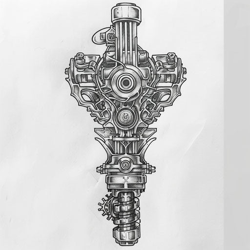 Beautiful clipart style flat tattoo sketch of intricate piston