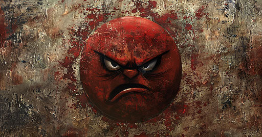 Red angry face in the style of emotional sensitivity and irreverent humor