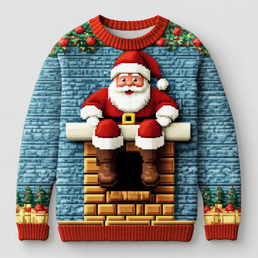 Ugly Christmas sweater with 3D Santa stuck in a chimney