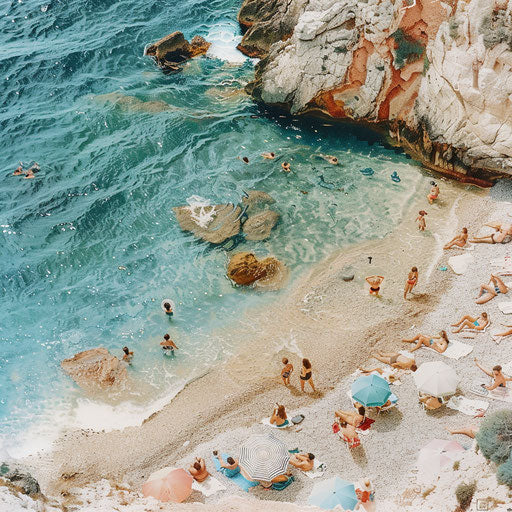 Rock beach with families enjoying the sun and sea