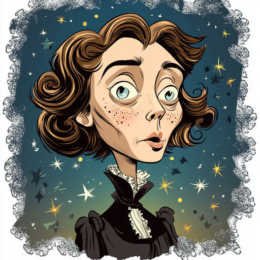 Humorous caricature of an Emily Brontë caricature clipart with human characteristics, exaggerated dimpled chin, with toes feet, surrounded by stars, vibrant colors, cartoon style, surprised, high-resolution, no background, isolated –c 40