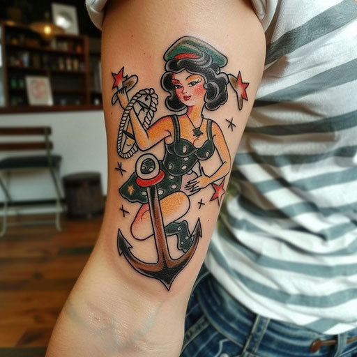 Arm tattoo with classic pin-up girls and anchors, in the style of Sailor Jerry