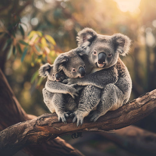 Family of koalas cuddling on a branch