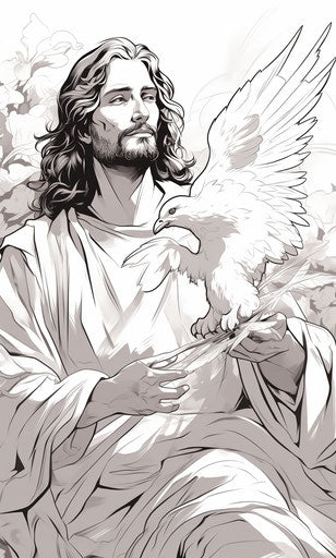 Jesus holding a dove, manga-inspired expressive linework