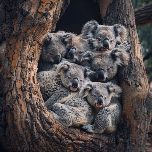 Cluster of koalas in a snuggle, social behavior in their habitat