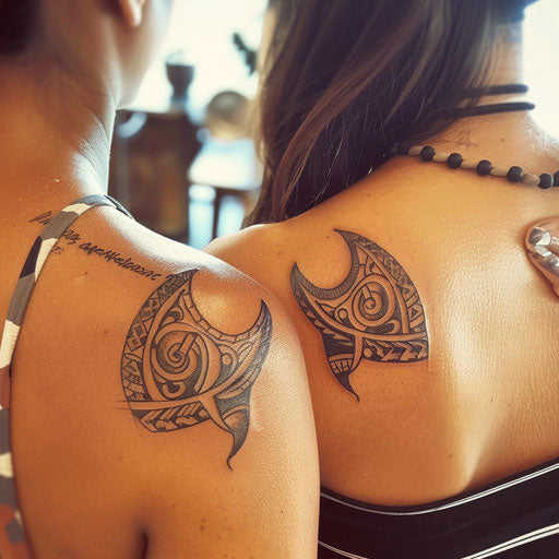 Matching sister tattoos of tribal patterns in Humberto Ramos style