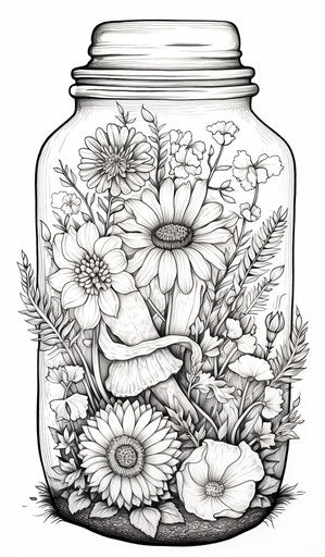 Plant Coloring Pages in a Glass Jar, Fantasy Creatures Style, Rectangular Fields, Mushroomcore, Unusual Cropping, Ornamentation 7:12