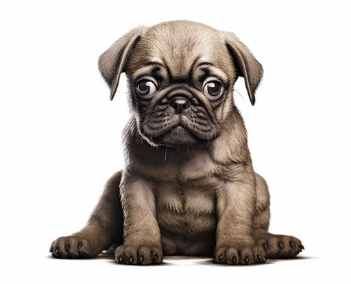 Pug puppy sitting on white background, somber style, poignant confrontations