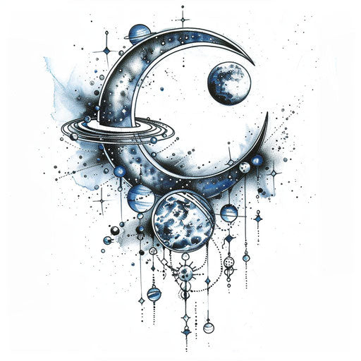 Half moon surrounded by ring of small planets, mystical blues