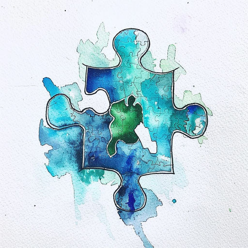 Vibrant watercolor puzzle tattoo on pure white background