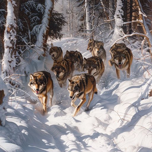 Pack of wolves hunting in a snow-covered forest, showing teamwork