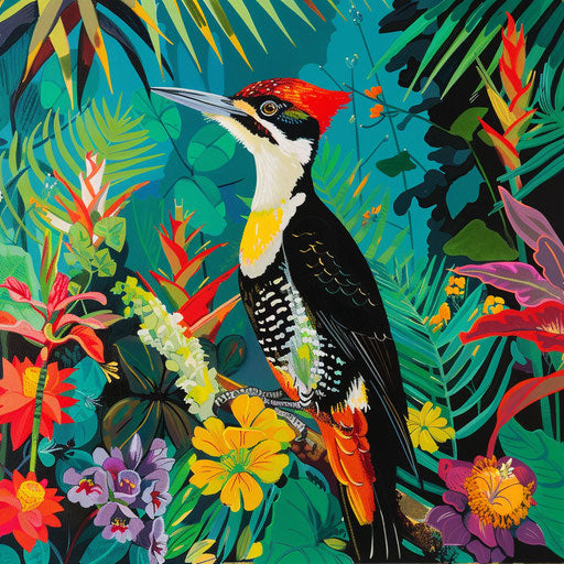 Vivid tropical scene with woodpecker and flowers