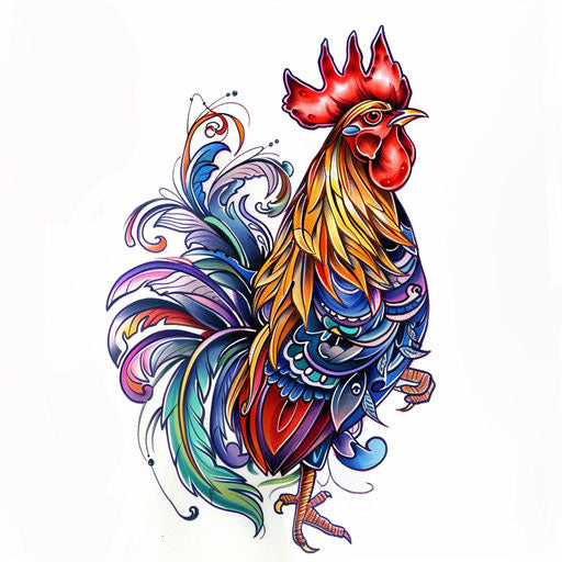 Colorful rooster, detailed tattoo on pure white background