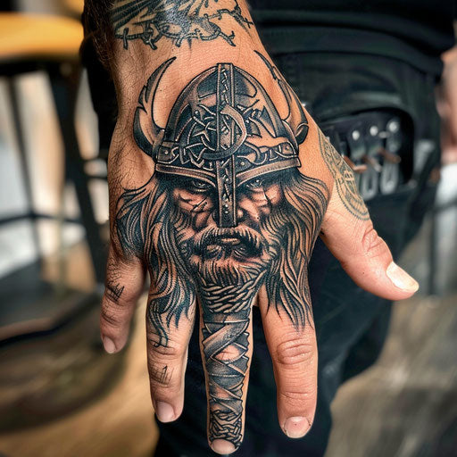 Hand tattoo with Viking warrior, in the style of Glenn Fabry