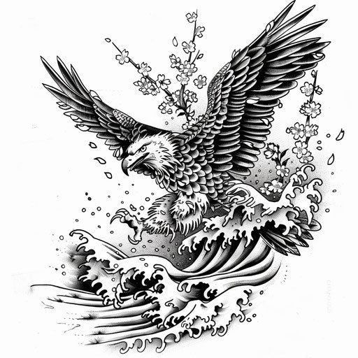 Japanese style eagle tattoo with waves and cherry blossoms