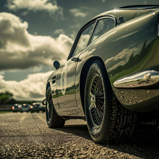 Classic Aston Martin DB6 with fat tires and supercharged engine, parked at a historic British racing circuit