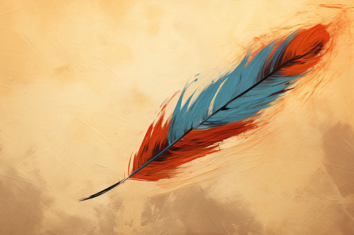 Feather on paper, beige background, colorful brushstrokes