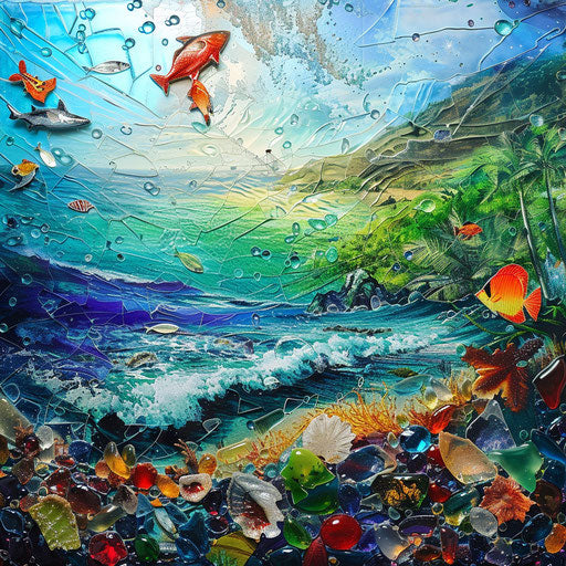 Underwater scene with vibrant marine life and sea glass