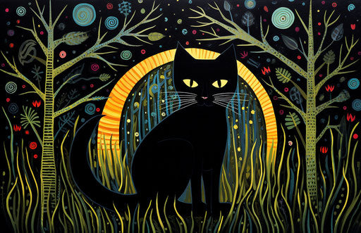 Black cat on stump, poignant style, wes wilson, wiccan 17:11