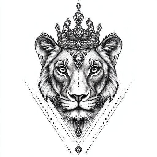 Tattooed queen with lioness in crown on white background